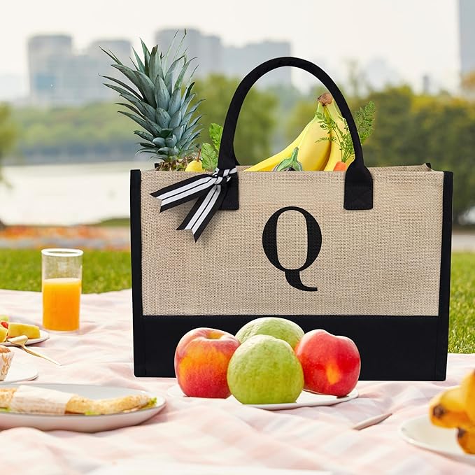 TOPDesign Initial Jute/Canvas Tote Bag, Personalized Present Bag, Suitable for Wedding, Birthday, Beach, Holiday, is a Great Gift for Women, Mom, Teachers, Friends, Bridesmaids (Letter Q)