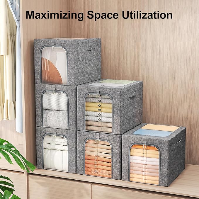 GoMaihe Clothes Storage Bin with Metal Frame: 6-Pack Stackable Closet Storage Bin with Lid & Clear Window, Sweater Boxes Storage for Closet Bedding Clothing Storage Organizer 40L