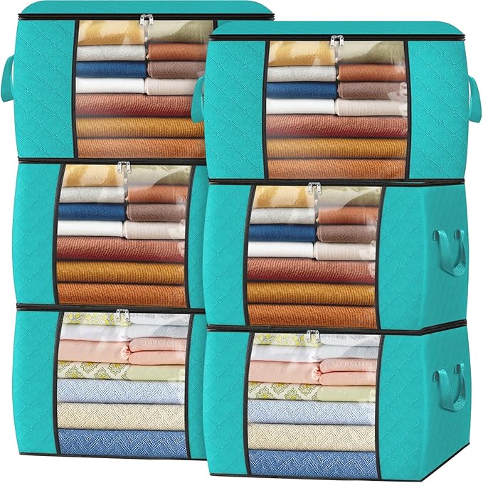 Fab totes 24 Gallons Clothes Storage, Foldable Thick Fabric Blanket Storage Bags, Containers for Organizing Bedroom, Closet, Clothing, Comforter, Organization with Handle (6 Pack,Green)