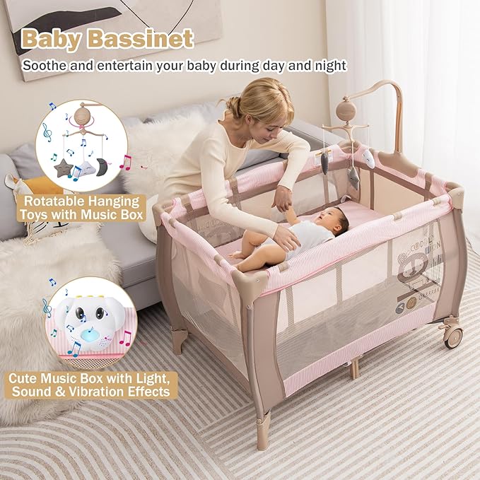 HONEY JOY Pack and Play, 3 in 1 Portable Baby Playard with Bassinet, Changing Table, Lockable Wheels, Music Box, Foldable Travel Baby Crib Nursery Center from Newborn to Toddler (Coffee Pink)