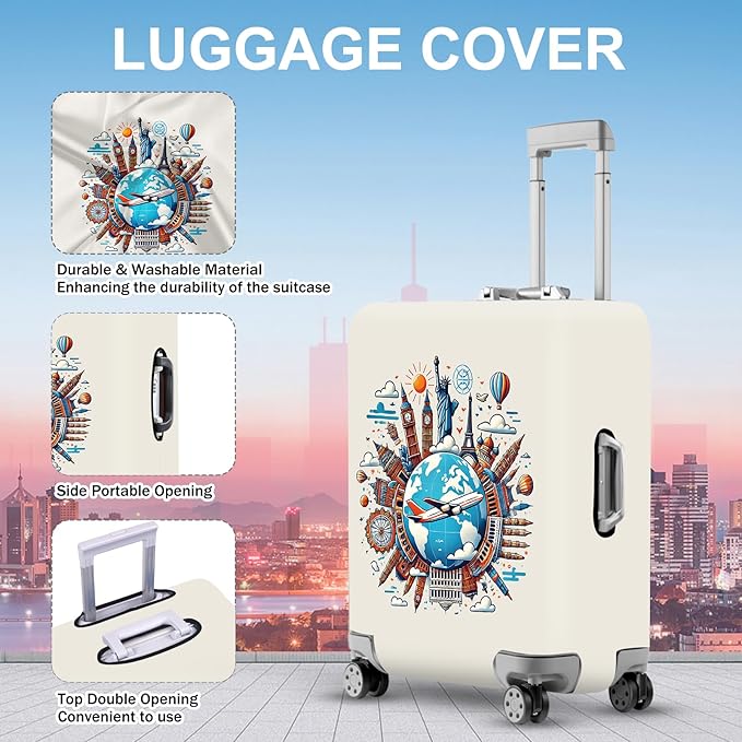 ANNA QUEEN Travel Around the World Luggage Cover, Colorful Landmark Suitcase Protector with Airplane & Globe Design, Stretchable, Washable Travel Sleeve for 28-30 Inch Luggage