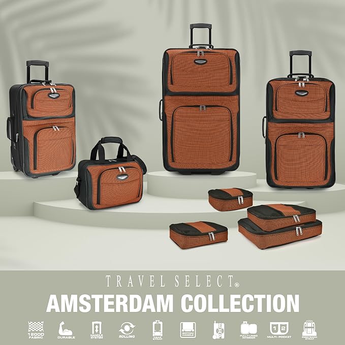 Travel Select Amsterdam 8-Piece Softside Expandable Luggage Set, Lightweight 2-Wheel Suitcases with Packing Cubes & Travel Tote, Durable Polyester Construction, Gray