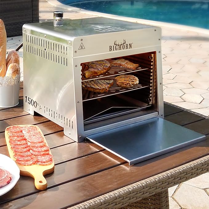BIG HORN OUTDOORS 1500°F Small Infrared Propane Gas Grill – Portable Steak Broiler & Sear Station, Outdoor Salamander BBQ with Pizza Stone, Stainless Steel