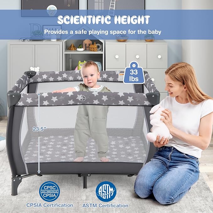 HONEY JOY Pack and Play, 3 in 1 Portable Baby Playard with Bassinet, Changing Table, Lockable Wheels, Music Box, Foldable Travel Baby Crib Nursery Center from Newborn to Toddler (Star Gray)
