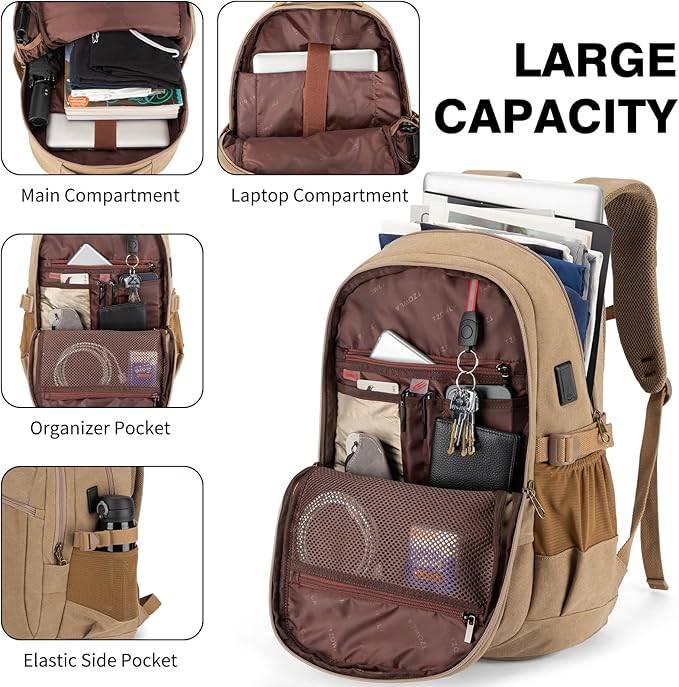 Tzowla Vintage Canvas Laptop Backpack for Men and Women,College Travel Work Rucksack with USB/Type-C Charging Port,Lightweight Bookbag Hiking Casual Daypack Backpacks Fit 15.6 Inch Notebook(Khaki)