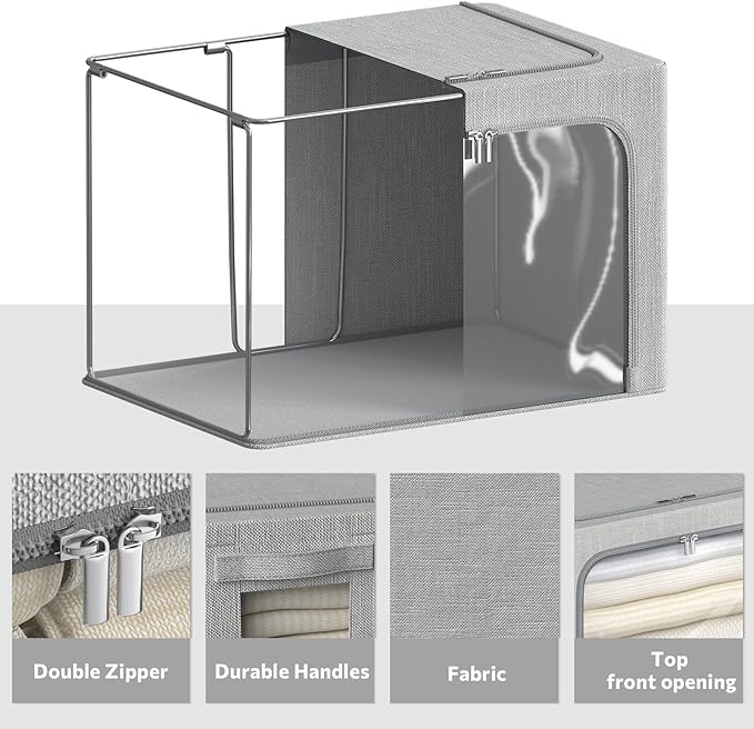 4 Pack Clothes Storage Bins with Metal Frame - Linen Fabric Foldable Stackable Container Organizer Set with Clear Window & Carry Handles & Zippers (Light Grey, 15.7"x11.8"x7.8")