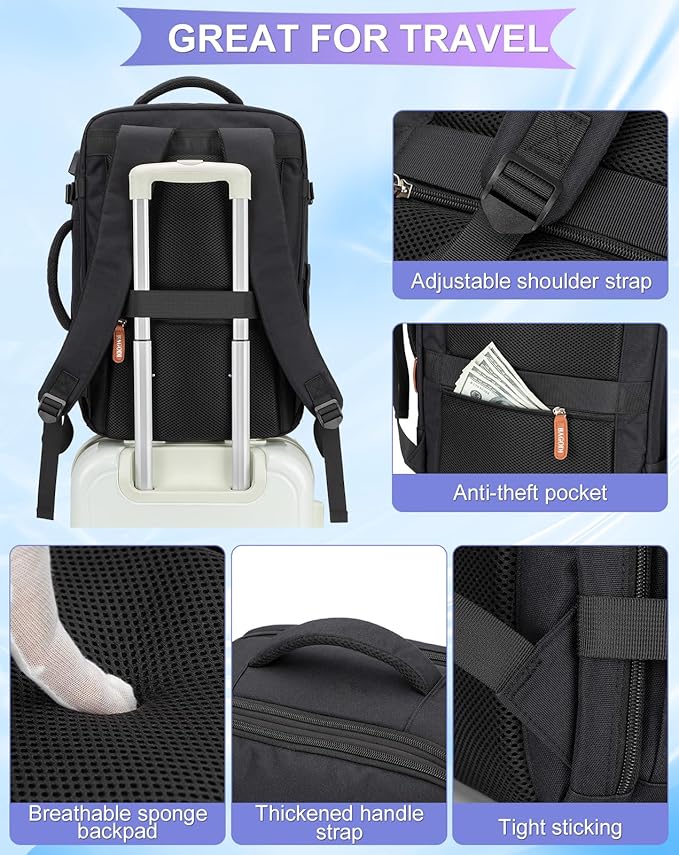 42L Travel Laptop Backpack, Expandable Carry-on Luggage, Anti-Theft Business Weekender Bag with USB Port, 3 Packing Cubes & Shoe Bag (Black)