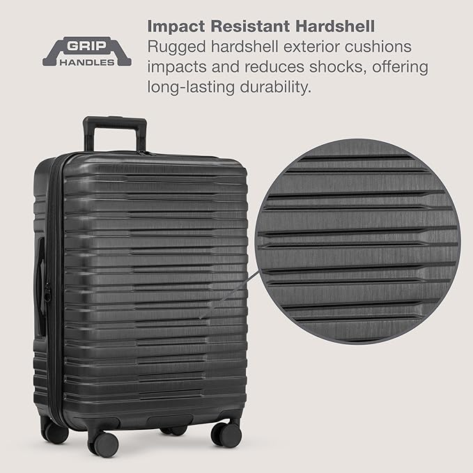 U.S. Traveler Boren Polycarbonate Hardside Rugged Travel Suitcase Luggage with 8 Spinner Wheels, Aluminum Handle, Black, 2-Piece Set, USB Port in Carry-On