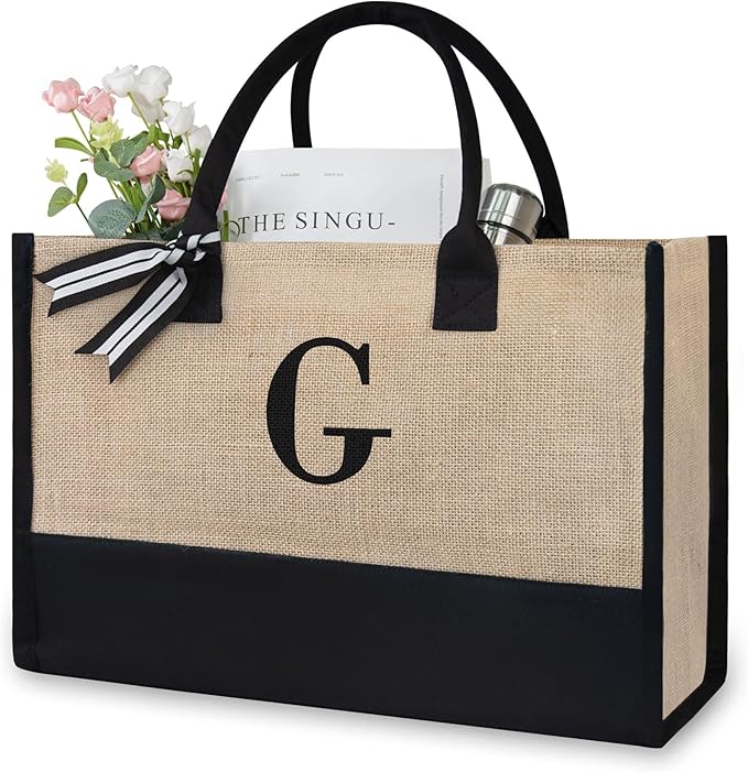 TOPDesign Initial Jute/Canvas Tote Bag, Personalized Present Bag, Suitable for Wedding, Birthday, Beach, Holiday, is a Great Gift for Women, Mom, Teachers, Friends, Bridesmaids (Letter G)
