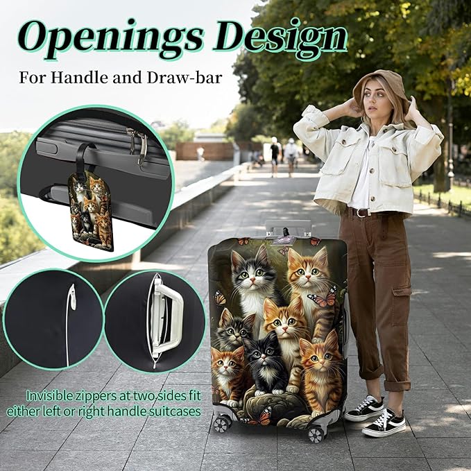 Luggage Cover + Tag, Cats Family Travel Suitcase Protector for 24 inch Luggage (M) with Concealed Zipper, Washable Elastic Cloth, Dustproof, Anti-Scratch