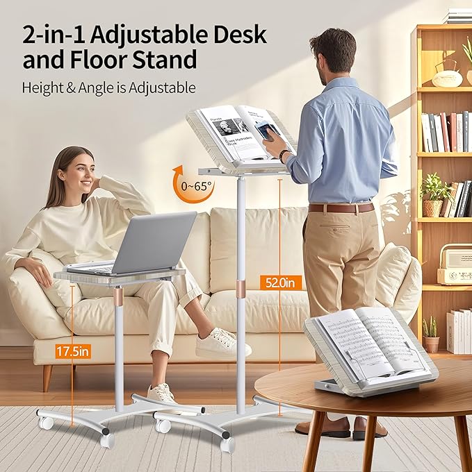 NAMON Laptop Floor Stand with Wheels - 2 in 1 Dual-use Floor & Desk, Adjustable Height from 16.5" to 51", Perfect for Home, Office, Meeting Room, Study (White Ash Effect)