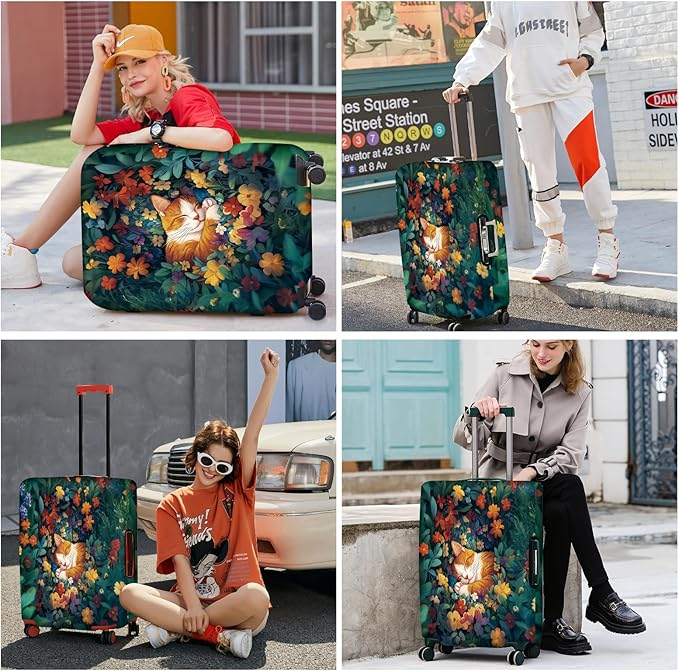 ANNA QUEEN Dreamy Cat Luggage Cover, Cat Sleeping in a Flower Field Design, Stretchable, Washable Travel Protector for 32-34 Inch Luggage