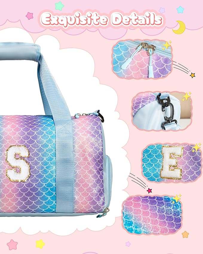 Cute Preppy Gifts for Girls-Girl Gym Bag with Shoe Compartment, Kid Personalized Weekender Overnight Bags, Initial Travel Tote with Makeup Pouch, Daughter In Law Gift (Letter D)