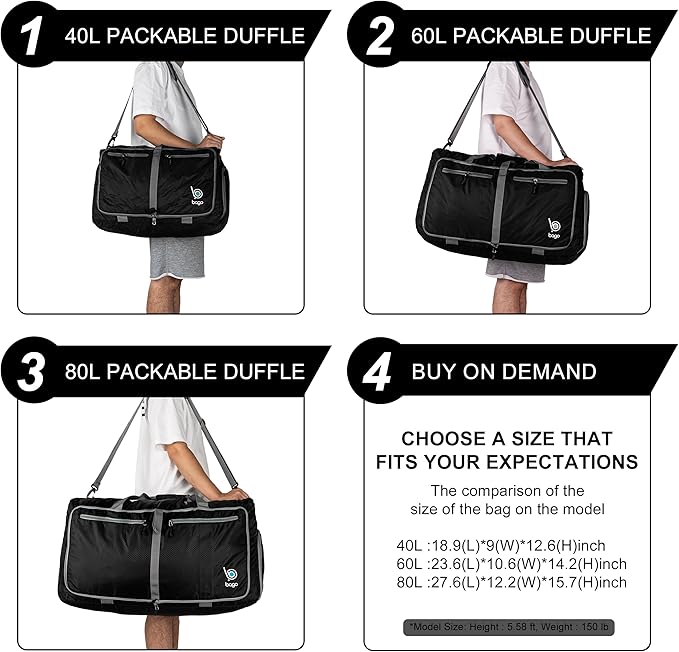 Bago Foldable Duffel Bags for Traveling Women & Men - 40L Sports Packable Duffle Bag for Travel with Shoe Compartment - Water Repellant, Heavy Duty, Lightweight Folding & Collapsible (Green)