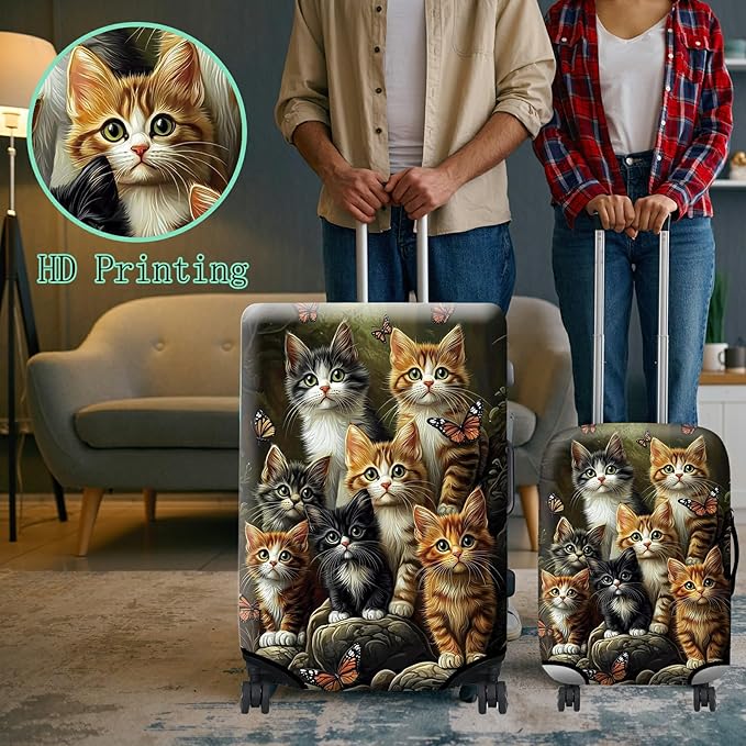 Luggage Cover + Tag, Cats Family Travel Suitcase Protector for 18-20 inch Luggage (S) with Concealed Zipper, Washable Elastic Cloth, Dustproof, Anti-Scratch