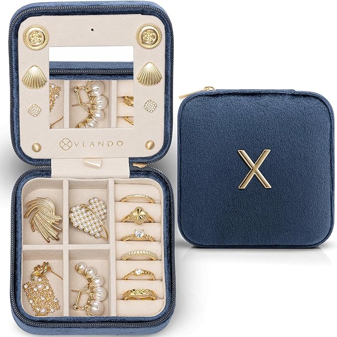 Vlando Travel Jewelry Case for Women Girls, X Initial Jewelry Box, Small Jewelry Box, Travel Jewelry Box for Women, Travel Jewelry Case, Travel Gifts for Women Girls - Letter X, Dark Blue