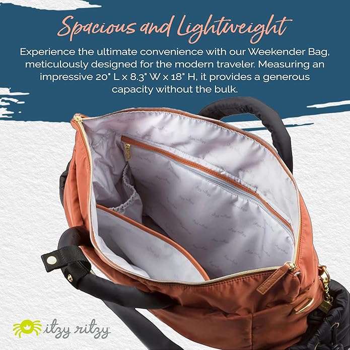 Itzy Ritzy Dream Weekender Travel Bag – Lightweight Overnight Bag with Base Compartment, 12 Pockets, Bottle Holders & Strap