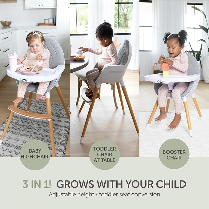 Convertible High Chair for Babies, Toddlers, Kids & Children - Wooden Highchair with Adjustable Height & Dishwasher Safe Tray - Wood Feeding & Dining Chair - Converts to Booster Seat - KoolaBaby