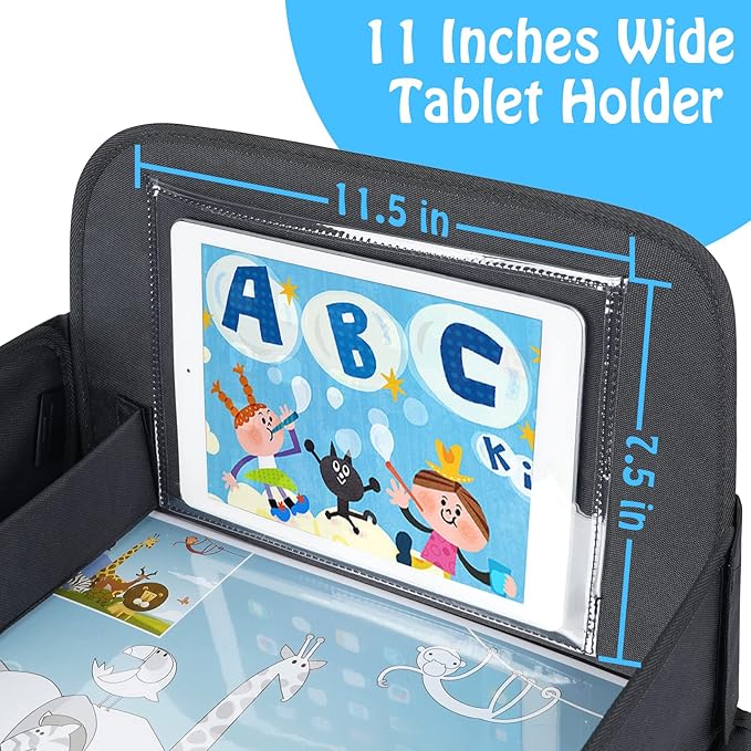 MENZOKE Kids Travel Tray, Travel Tray for Kids Car Seat with Educational Drawing Board, Tablet Holder & Cooler Cup Holder, Portable Road Trip Essentials Child's Gifts for Car Trip, Airplane, Black
