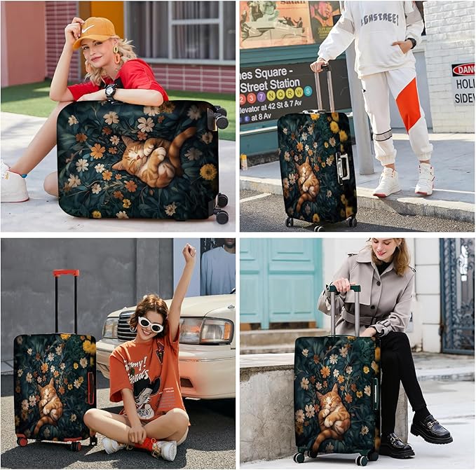 ANNA QUEEN Peaceful Cat Luggage Cover, Sleeping Cat with Floral Design, Stretchable, Washable Travel Sleeve for 28-30 Inch Luggage