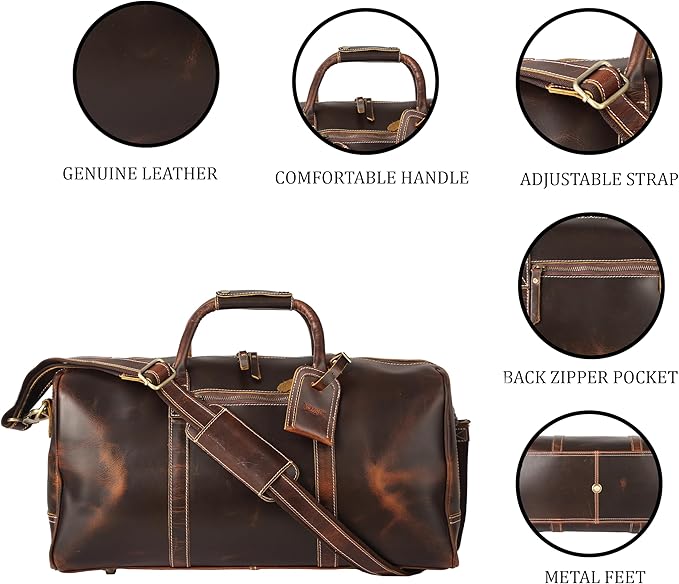 KomalC Leather Duffel Bags for Men and Women Full Grain Leather Travel Overnight Weekend Leather Bags Sports Gym Duffel for Men (Dark Tan, 20 Inch)