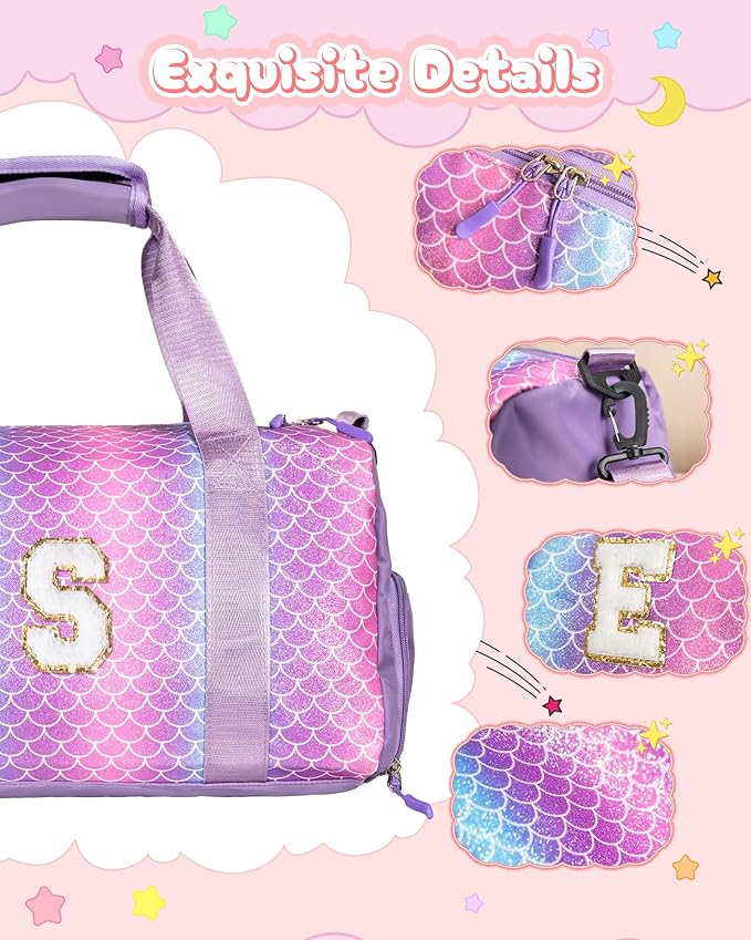 Birthday Gifts for 3 4 5 6 7 8 9 10 11 12 Year Old Girls-Girl Gym Bag with Shoe Compartment, Kid Personalized Weekender Overnight Bags, Initial Travel Tote with Makeup Pouch (Letter B)