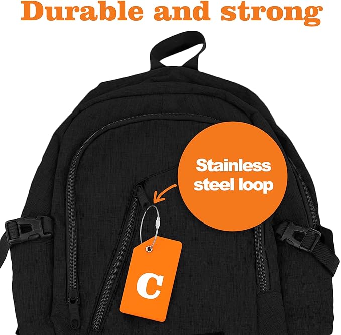 8 Pcs Luggage Tags for Suitcases, 26 Initial Letter Travel Luggage Baggage Identification Labels ID Tags Fully Bendable Tags with Stainless Steel Loop (Letter C, Orange)