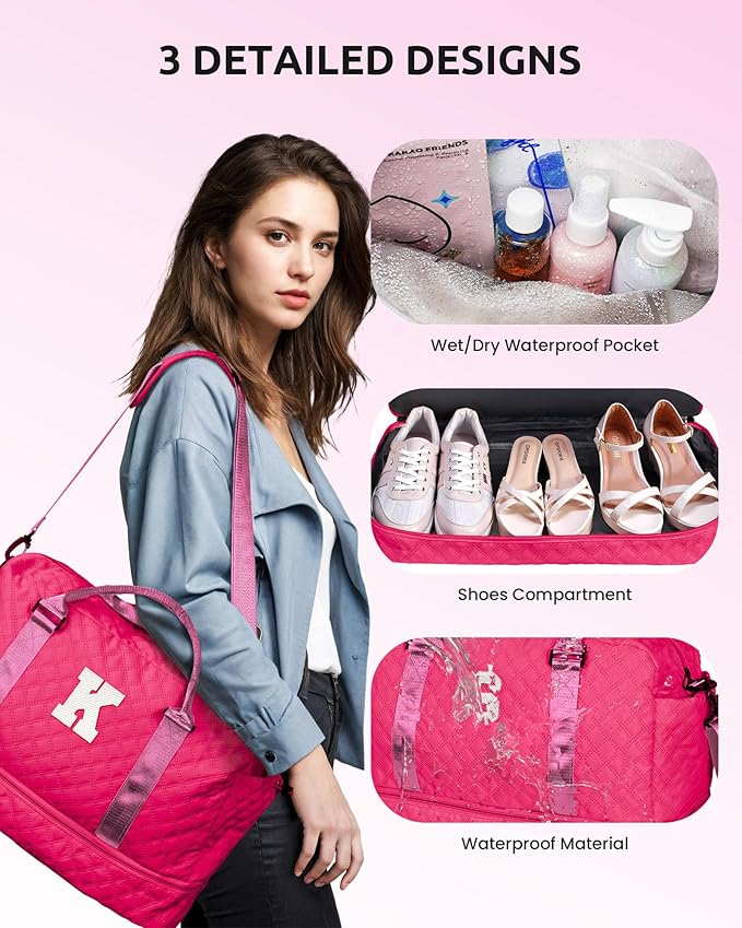 Monogrammed Gifts for Woman, Stuff for Teen Girls-Initial Travel Bag with Shoe Compartment, Weekender Bag, Monogram Overnight Bag for Women, Letter Travel Bag with Makeup Bag (Letter C)