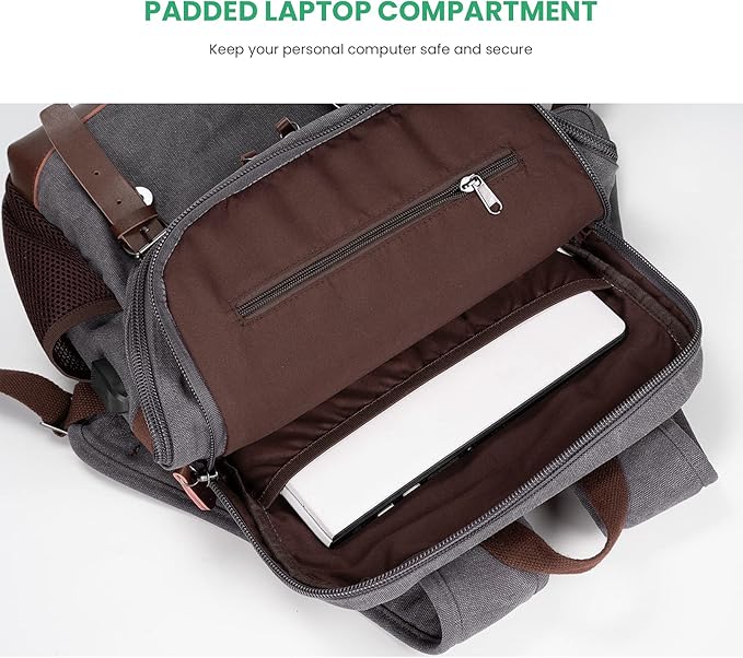 Modoker Vintage Backpack for Men Women, Canvas Bookpack Fits Most 15.6 Inches Computer and Tablets, Rucksack Backpack with USB Charging Port, Grey