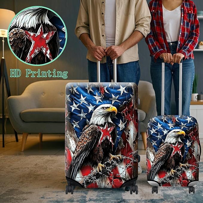 Luggage Cover + Tag, Eagle American Flag Travel Suitcase Protector for 18-20 inch Luggage (S) with Concealed Zipper, Washable Elastic Cloth, Dustproof, Anti-Scratch