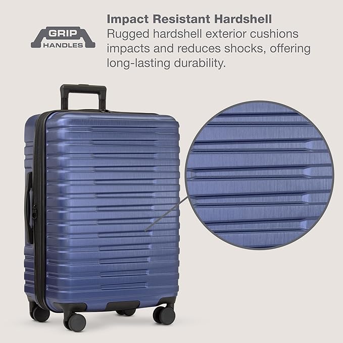 U.S. Traveler Boren Polycarbonate Hardside Rugged Travel Suitcase Luggage with 8 Spinner Wheels, Aluminum Handle, Navy, Checked-Medium 26-Inch