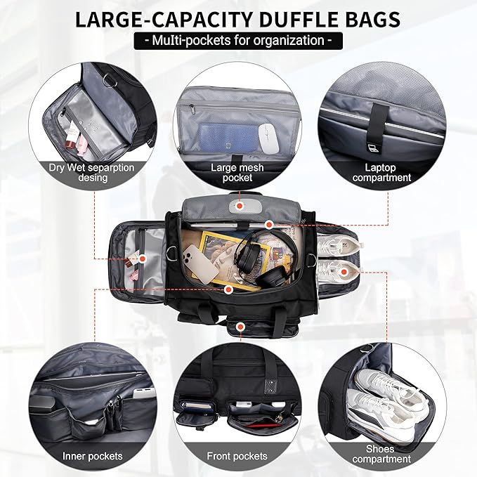 WITZMAN Travel Duffel Bags for Men Large Carry On Weekender Overnight Bag 3 in 1 Backpack with Shoe Compartment （B693 Black）