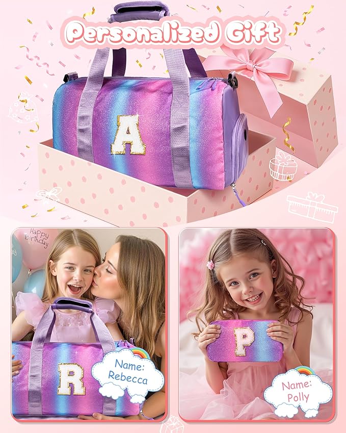 Gifts for 4 5 6 7 8 9 10 11 Year Old Girls-Girl Gym Bag with Shoe Compartment, Kid Personalized Weekender Bymnastic Bags, Initial Travel Tote with Makeup Pouch, Dance Bag Gift (Letter A)