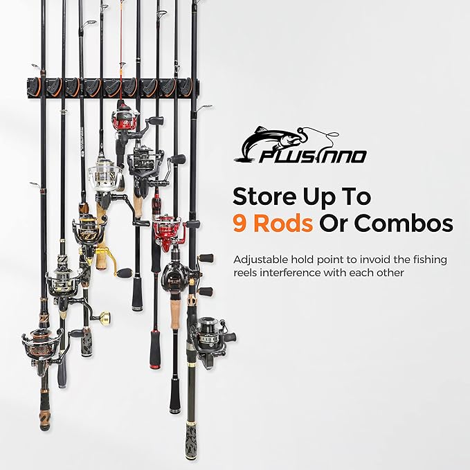 PLUSINNO V9 Vertical Fishing Rod Holders, Wall Mounted Fishing Pole Holders, Fishing Rod Rack Holds Up to 9 Rods or Combos, Fishing Rod Holders for Garage, Fits Most Rods of Diameter 3-19mm