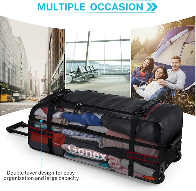 Gonex Rolling Duffle Bag with Wheels, 100L Water Repellent Large Wheeled Travel Duffel Luggage with Rollers 33 inch, Black