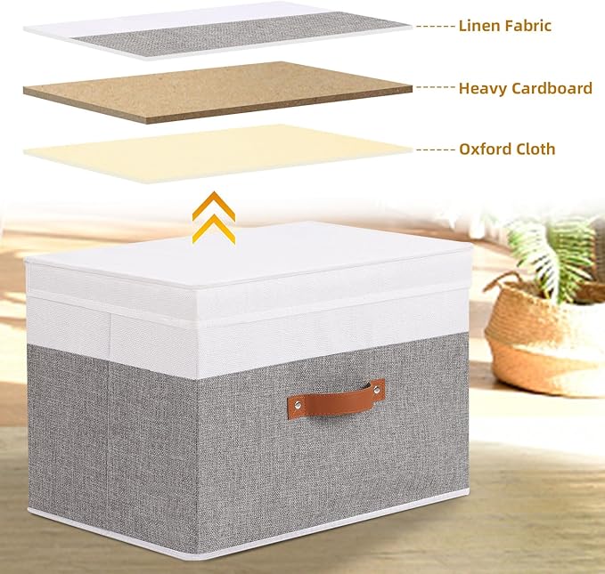 Fabric Storage Bins with Lids, 5 Pack Linen Foldable Cloth Baskets, 15 x 9.8 x 9.8 Inch Closet Organizer Containers with Double Handles, Sweater Boxes for Bedroom, White and Grey
