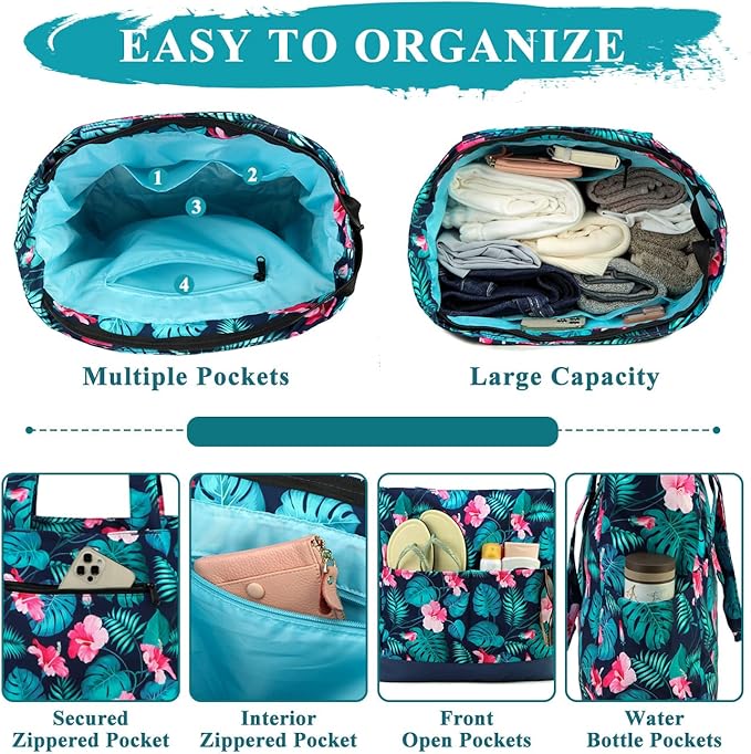 VASCHY Beach Bag for Women, Large Waterproof Sandproof Fold-able Packable Pool Tote Bag w Zipper/Pockets