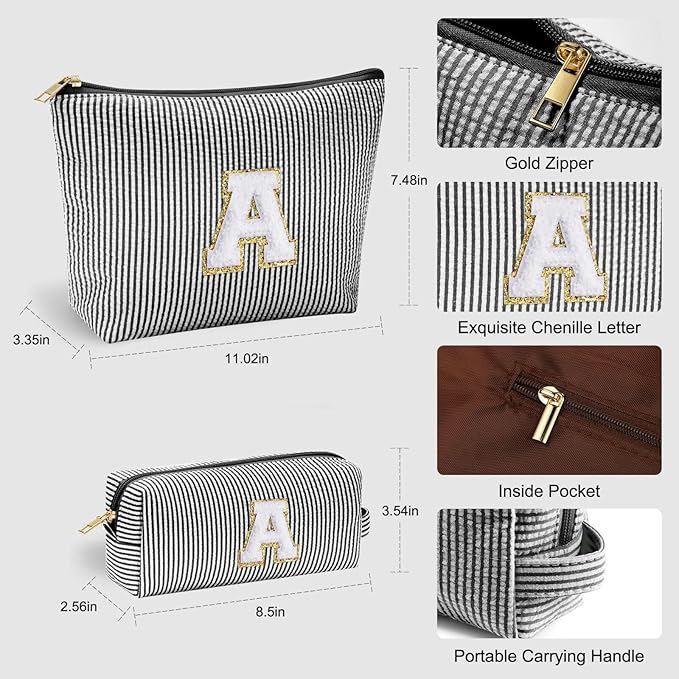 YOOLIFE Initial Monogram Cute Makeup Bags - Cosmetic Toiletry Pouch for Women's Friendship, Personalized Birthday Gifts - Black