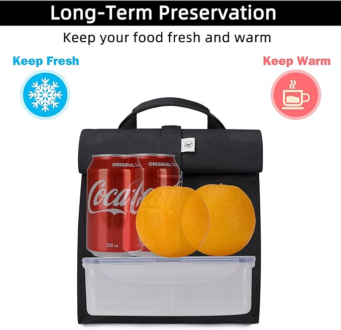 SUNNY BIRD Insulated Lunch Bag Rolltop Lunch Box for Women, Men, Adults and Teens (Black)