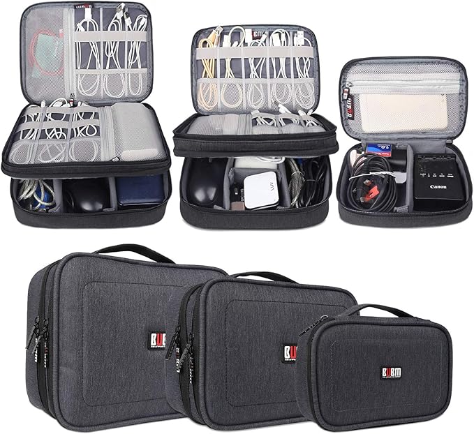 BUBM 3pcs Double Layer Electronic Organizer, Travel Gadgets Bag for Cables, External Flash Drive, Mouse, Memory Card, Power Bank and More, Compact and Multi-purpose, Black