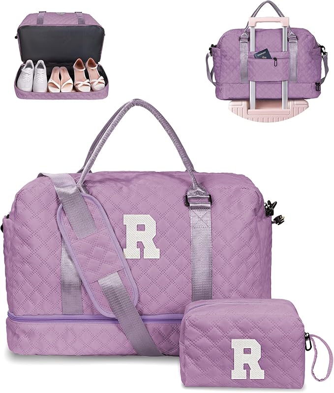 Initial Duffle Bag, Weekender Bags with Shoe Compartment and Shoulder Strap, Monogram Overnight Bag for Women Wet Pocket, Girl Travel Bag with Makeup Bag Gifts for Niece (Letter R)