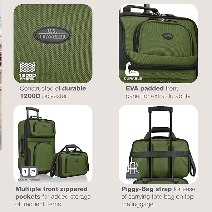 U.S. Traveler Rio Softside Expandable Carry-on Rolling Luggage, Green, 2 Wheel Set