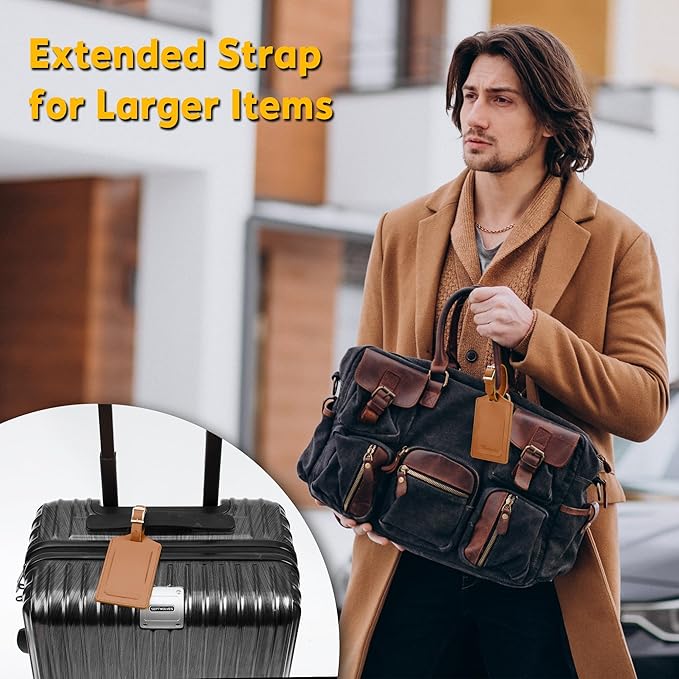 Travelambo Luggage Tags for Suitcases Faux Leather Privacy Protection 12 Pack Bag Tags Travel Accessories Essential, Yellowish Brown