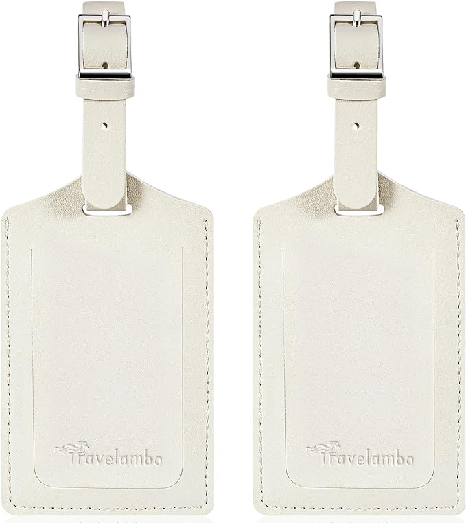 Travelambo Luggage Tags for Suitcases Faux Leather Privacy Protection 2 Pack Bag Tags Travel Accessories Essential, Ivory