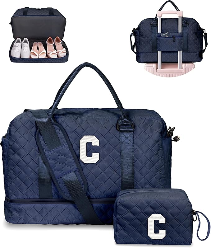 Birthday Gifts-for Women-Initial Duffle Bag with Shoe Compartment, Personalized Weekender Bag, Monogram Overnight Bag, Letter Travel Bag with Makeup Bag，Friend Wife Birthday Gift (Letter C)