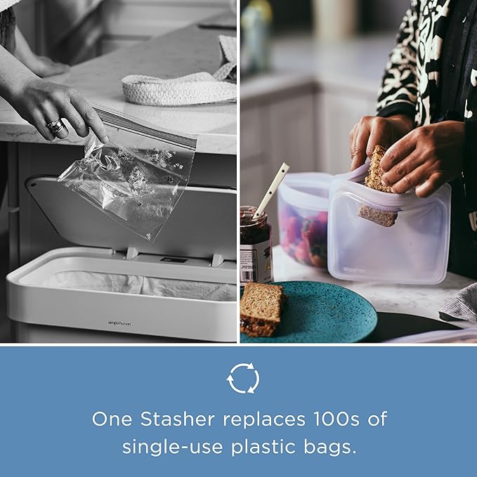 Stasher Premium Silicone Reusable Food Storage Pocket 2-Pack, Clear + Deep Ocean, Multi-Use Food Storage Bags, Lunch Bag, Travel Containers, BPA Free, Leak-free, Dishwasher-Safe, Eco-friendly, 4 Oz