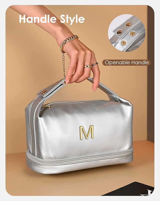 Customized Gifts for Women, Monogrammed Makeup Bag with Handle, Initial Double Layer Cosmetic Bag with Makeup Brush Organizer, Cute Cosmetic Pouch for Women, Gifts for Friends Female Mom