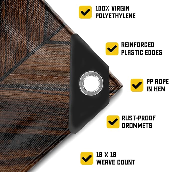 Core Tarps Extreme Heavy Duty 20 Mil Tarp Cover, Waterproof, UV Resistant, Rip and Tear Proof, Poly Tarpaulin with Reinforced Edges for Roof, Camping, Patio, Pool, Boat (Brown Wood/Black 50′ X 50′)