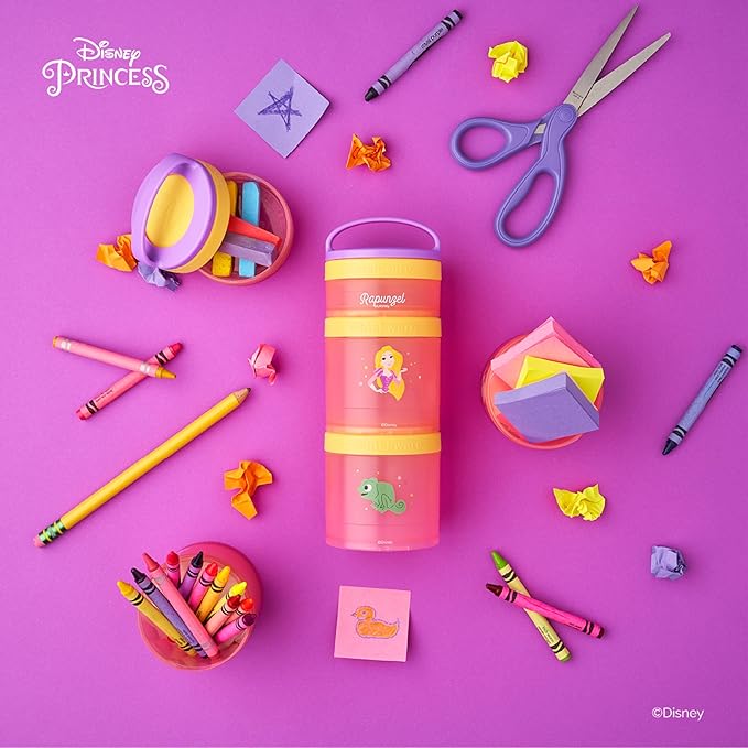 Whiskware Disney Princess Tangled, Stackable Snack Containers for Kids, 3 Stackable Snack Cups for School or Travel, Formula and Cupholder Friendly, Rapunzel and Pascal