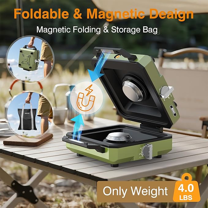 ODSD 2 Burner Camping Stove with Windshield, 20000 BTU Propane Camp Stove, Portable Folding Gas Stove, Camping Essentials Gears Includes Frying Pan, Coffee Stand & Carry Bag, Green
